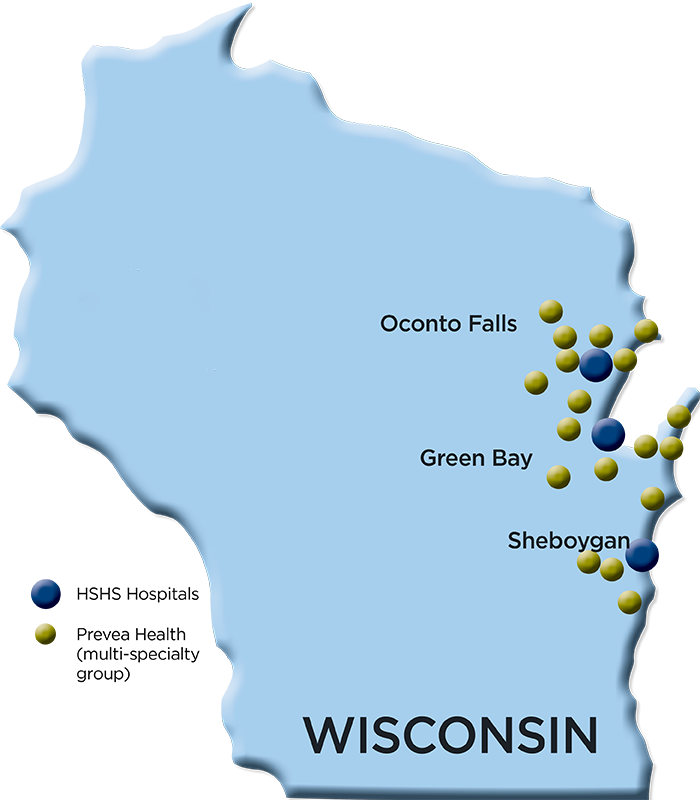 Map of Wisconsin highlighting our Wisconsin hospitals