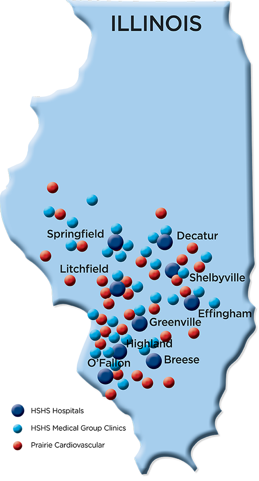 Map of Illinois with HSHS hospital highlighted