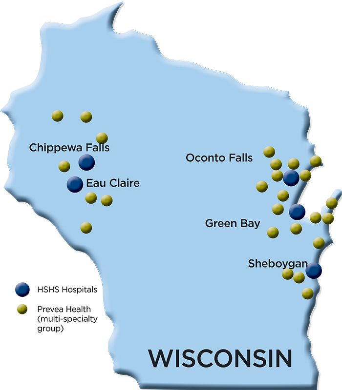 Map of Wisconsin highlighting our Wisconsin hospitals