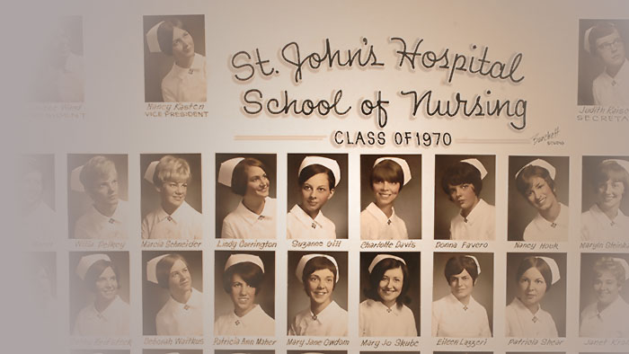 A collage of a 1970s graduating class