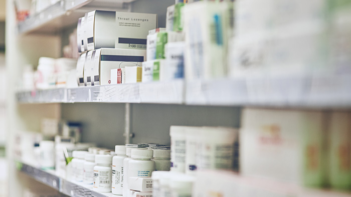 medication on pharmacy shelves