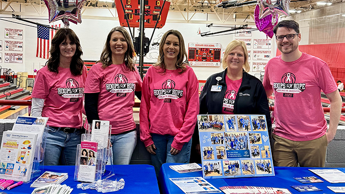 (left to right) Debbie Elledge, RN, Same Day Surgery and Infusion Center; Emily Korte, HSHS Southern Illinois Market Manager for Quality Assurance; Teresa Cornelius, Chief Administrative Officer at St. Joseph's Highland; Tina Frank, Director of Rehab Services; and Robert Valentine, Nurse Navigator, HSHS St. Elizabeth's Cancer Care Center
