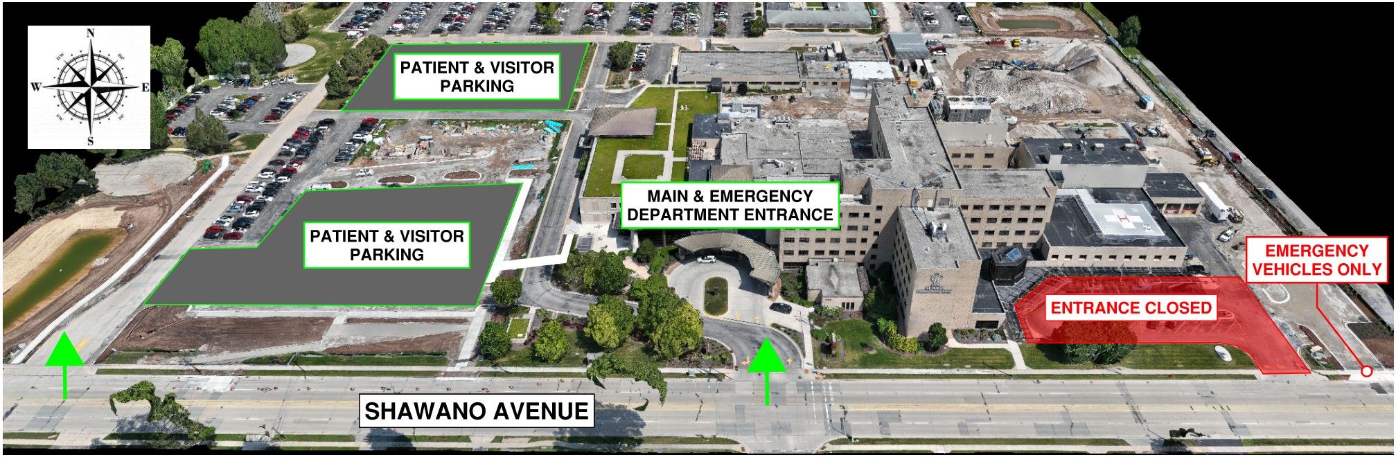 Map showing new, temporary Emergency Department Entrance at HSHS St. Mary’s Hospital Medical Center in Green Bay.