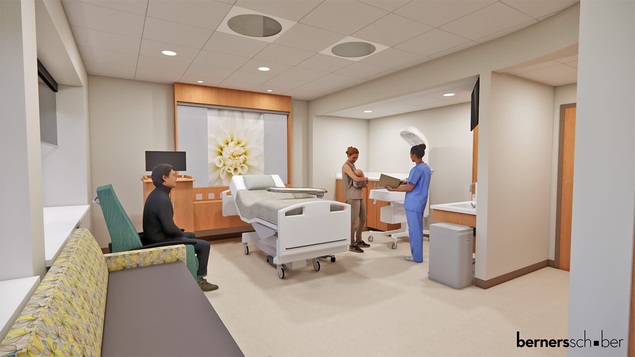A rendering of HSHS St. Nicholas's updated labor and delivery room