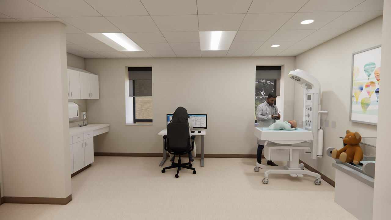 A rendering of HSHS St. Nicholas's updated labor and delivery room