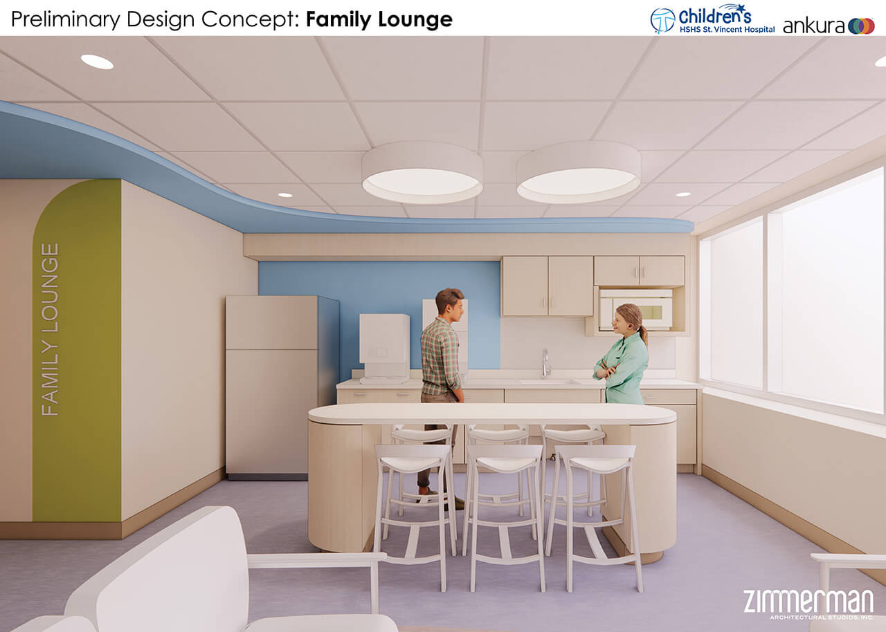 A rendering of the HSHS St. Vincent NICU family lounge.