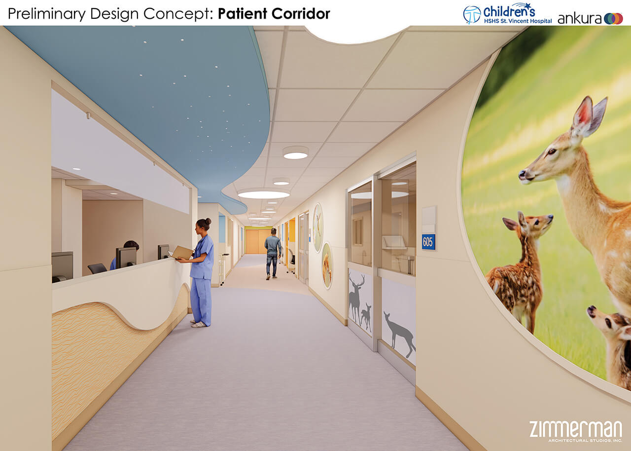 A rendering of the HSHS St. Vincent NICU corridor