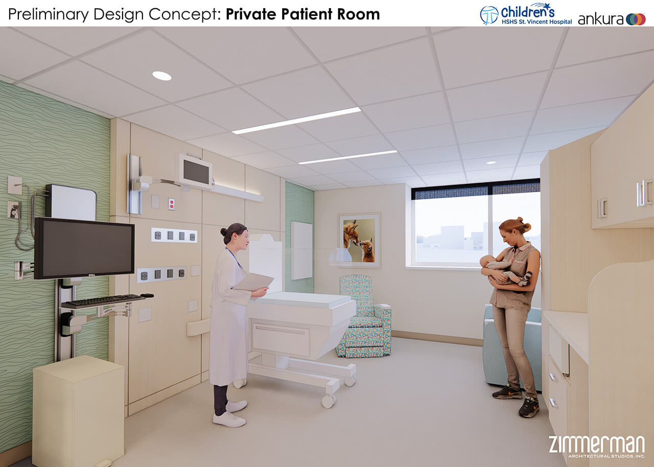 A rendering of the HSHS St. Vincent NICU private patient room.