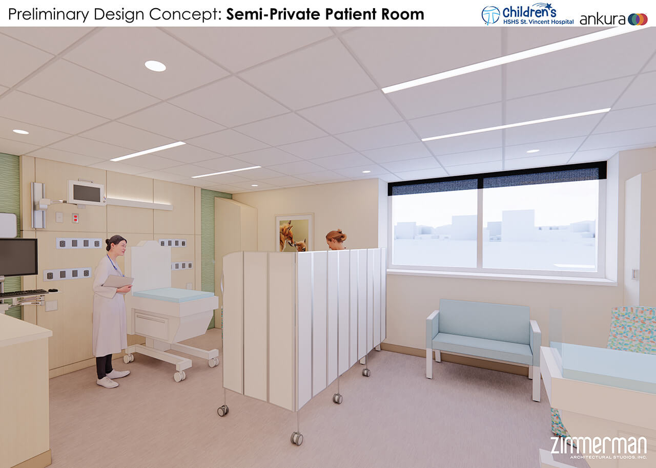 A rendering of the HSHS St. Vincent NICU Semi-Private Patient Room.