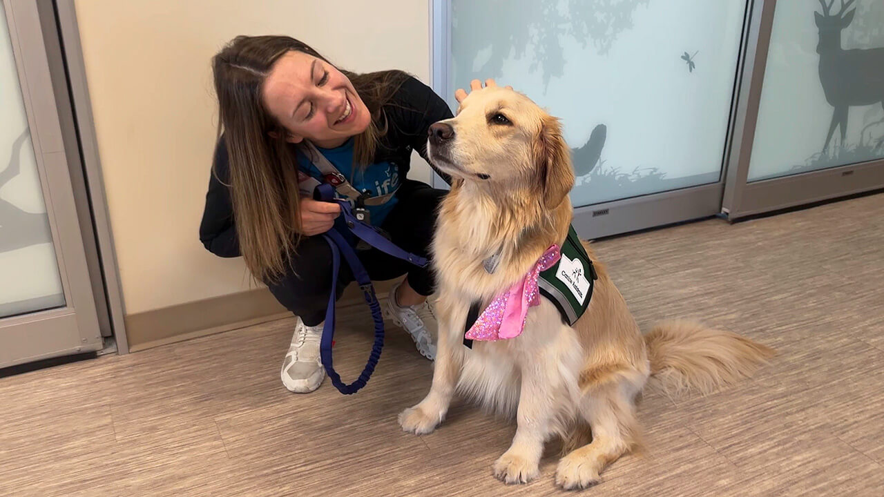 Munchkin the golden retriver dog sitting on the floor next to her owner at HSHS St. Vincent Children's Hospital