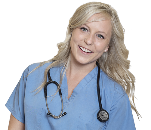 St. Joseph Highland - blonde nurse wearing blue scrubs and smiling