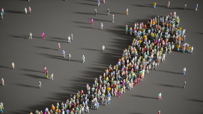People forming an arrow going up