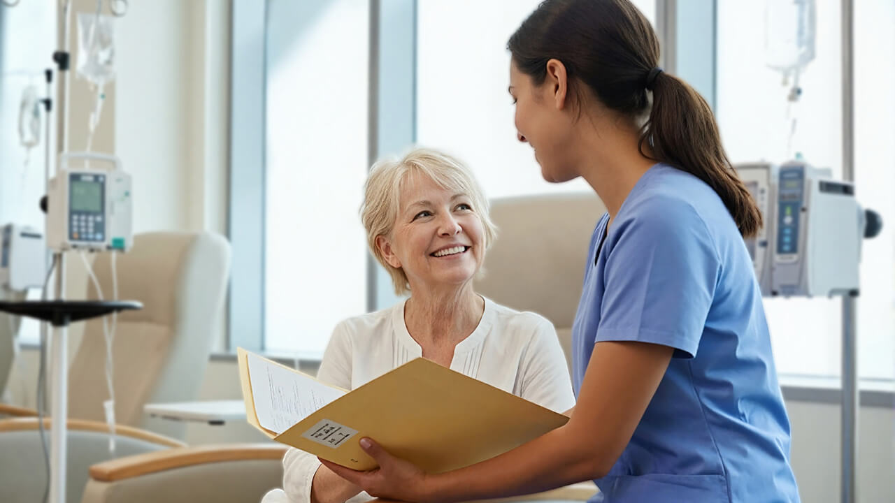 A middle aged woman smiling at a female nurse in a hospital room