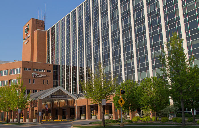 Looking up at the exterior of HSHS St. Vincent Hospital