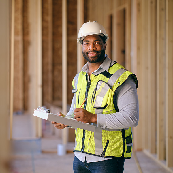 A young man standing in a construction zone wearing a hard had and a reflective vest