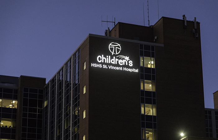 HSHS St. Vincent Children's Hospital sign at night