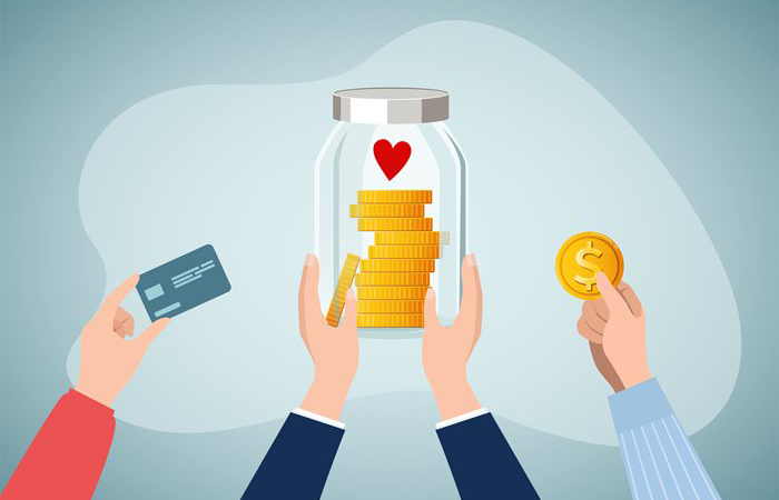 Graphic of hands holding up a credit card, coin, and a jar of coins