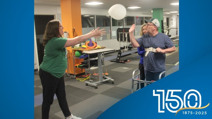 PT patient, Matt, works with physical therapists Nicki and Sara