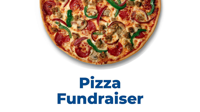 pizza with "pizza fundraiser" text overlaid
