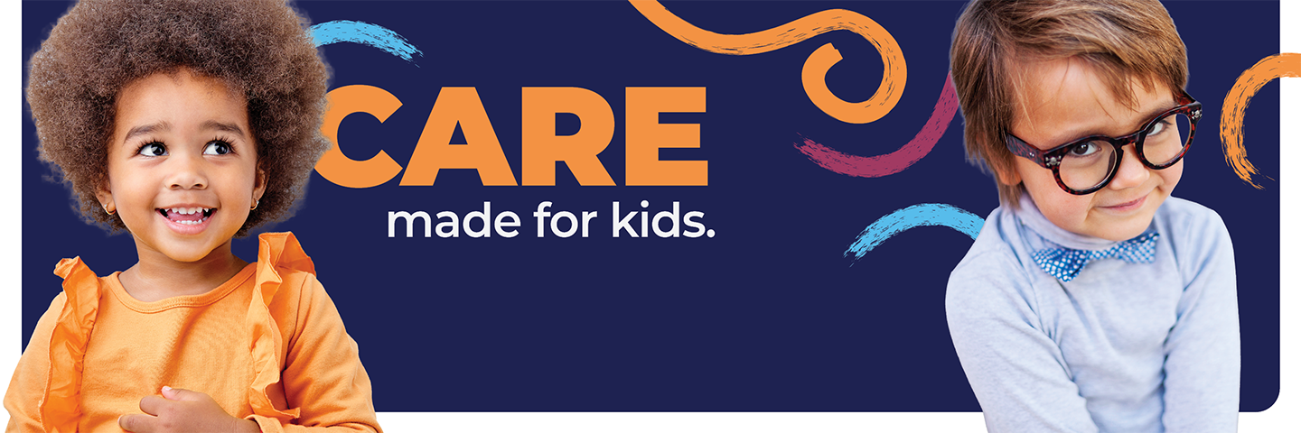 Two toddlers with stylized background that reads Care Made for Kids