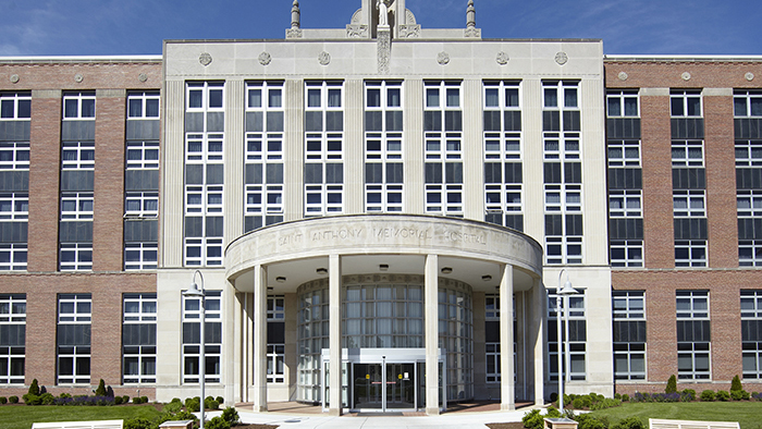 Looking up at the exterior of HSHS St. Anthony's Memorial Hospital