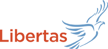Libertas treatment center logo. Orange text with blue bird.